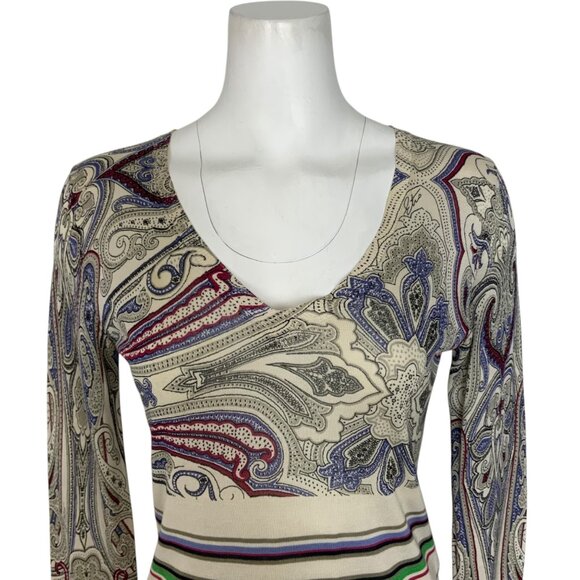 Etro Silk Sweater Italy 44 US 8 Paisley Striped V-Neck Long Sleeve DEFECTED - Picture 7 of 12